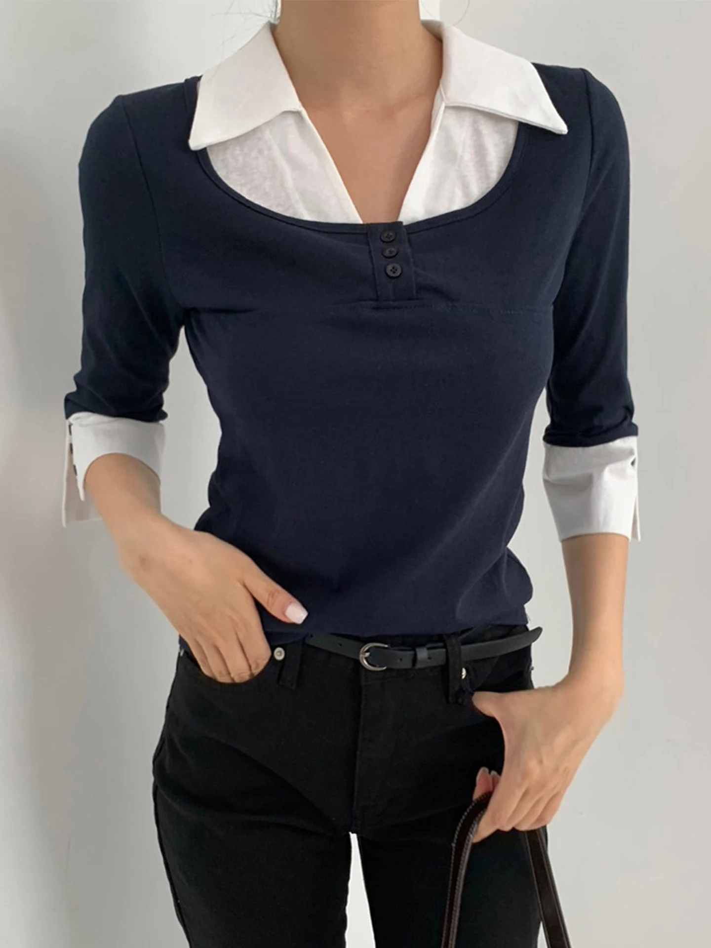 Slim Fit Korean Style Color Block T-Shirt Women's mid Sleeve Turn-down Collar Top Fashionable Casual Polyester Cotton Blend