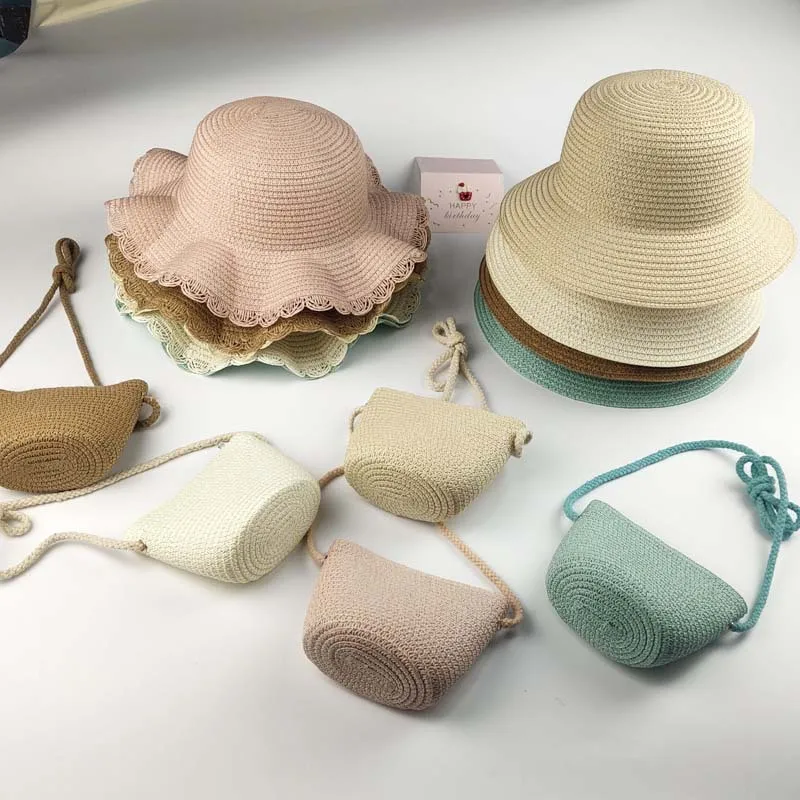 Summer Children's Straw Bag Straw Hat Cute Mini Beach Bag Boys and Girls Shoulder Crossbody Bags Small Sun Hats Kids Coin Purse