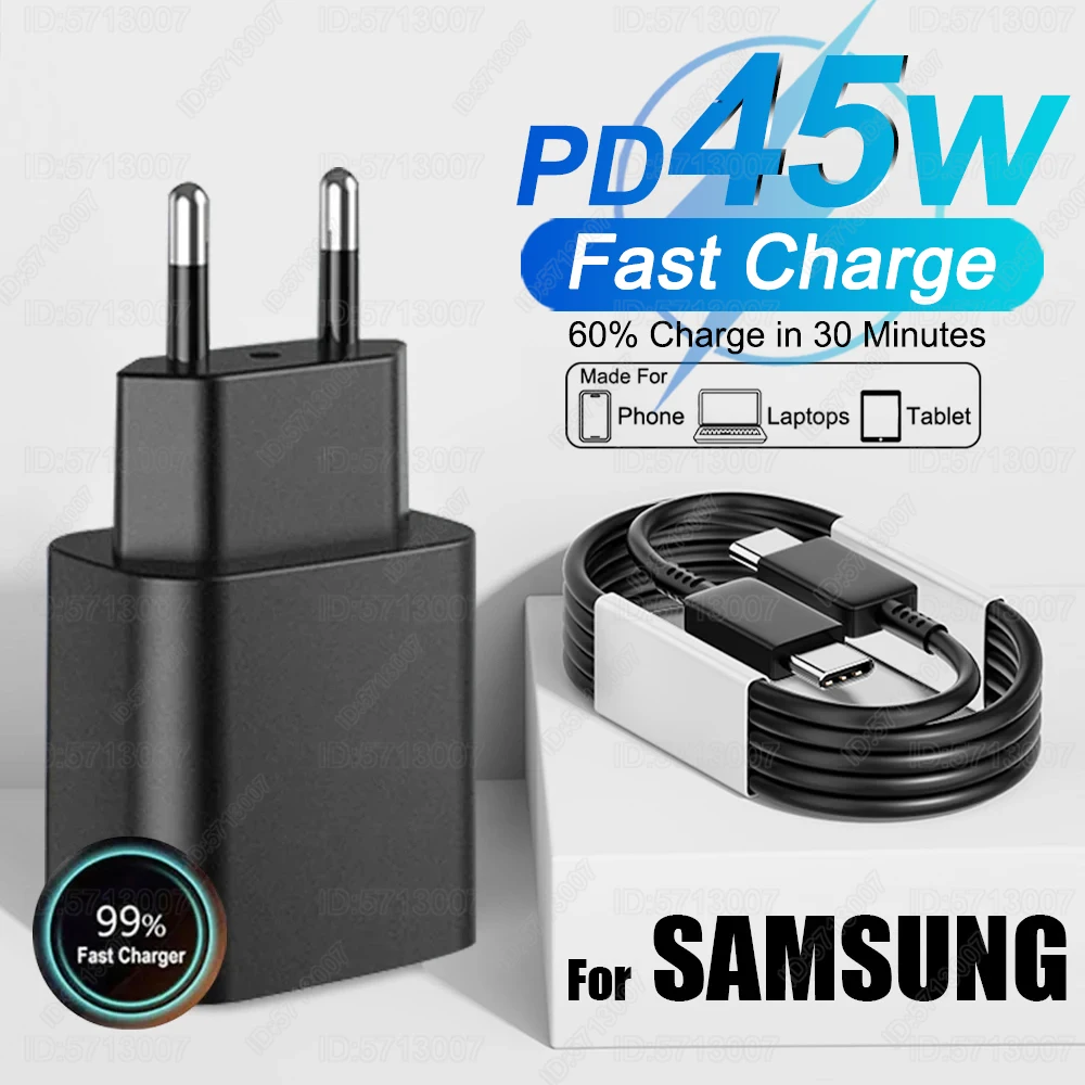 PD 45W USB C Charger Super Fast Charging Adapter For Samsung Galaxy S24 S23 S22 Ultra A54 A15 A55 5G Phone Charger Type C Cable