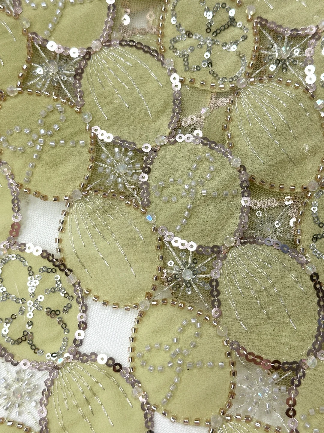 Champagne Gold Ring Petal Beaded Lace Fabric High Quality, Luxury Tube Bead & Sequin Embroidery on Sheer Mesh for Wedding Gown