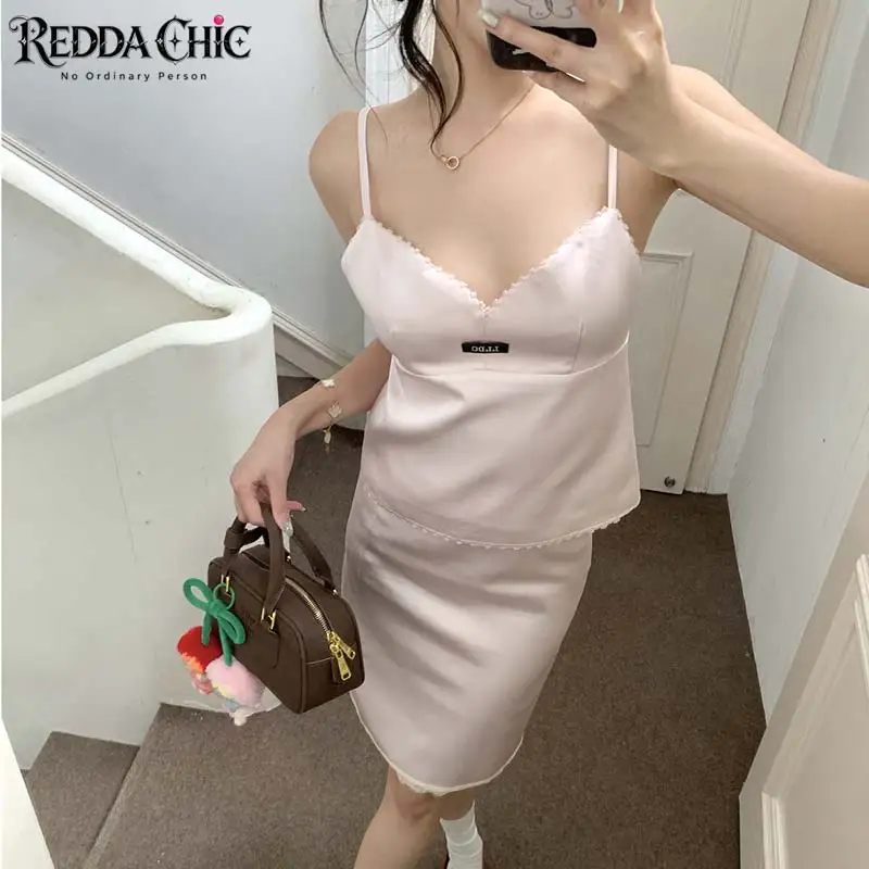 ReddaChic Balletcore Cami Knee Long Skirt Matching Set Women Lounge Pink Lace Trim Straight Skirt Tube Top Summer Everyday Wear