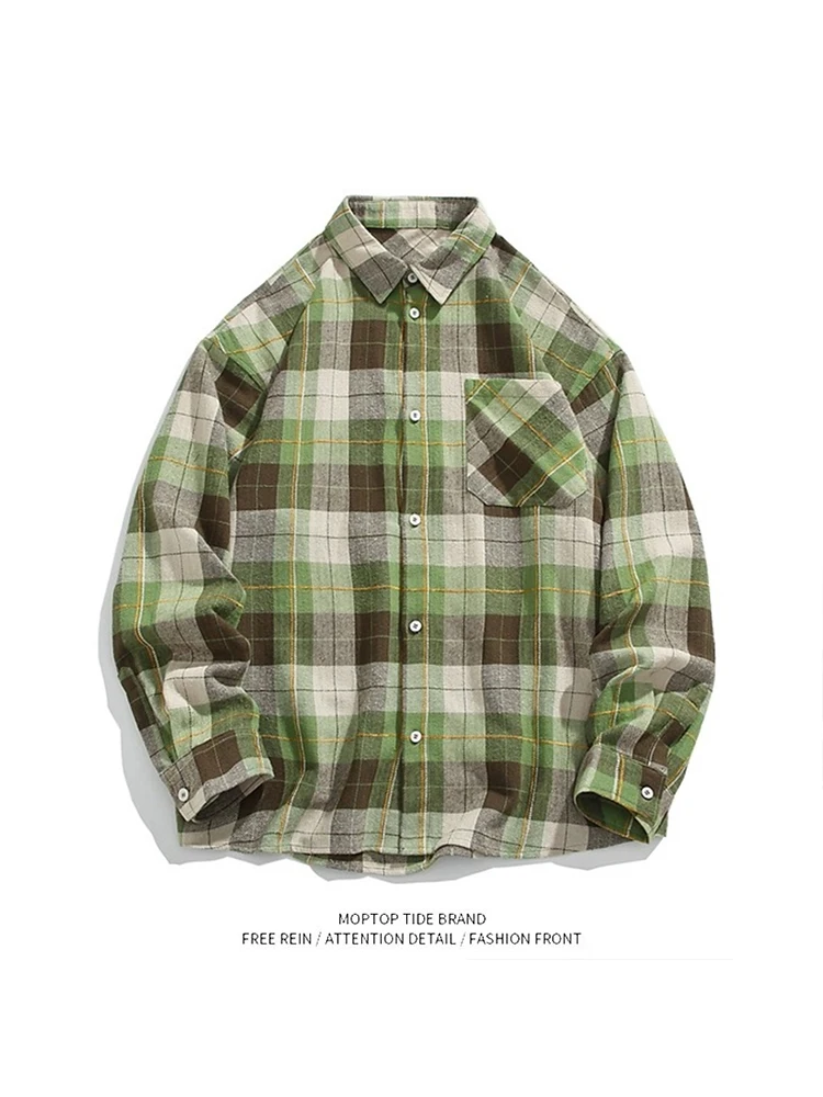

Retro Plaid Long Sve Loose Men's irt Spring Autumn New Trendy Brand Casual Coat Jaet Polyester Fiber Youth ular