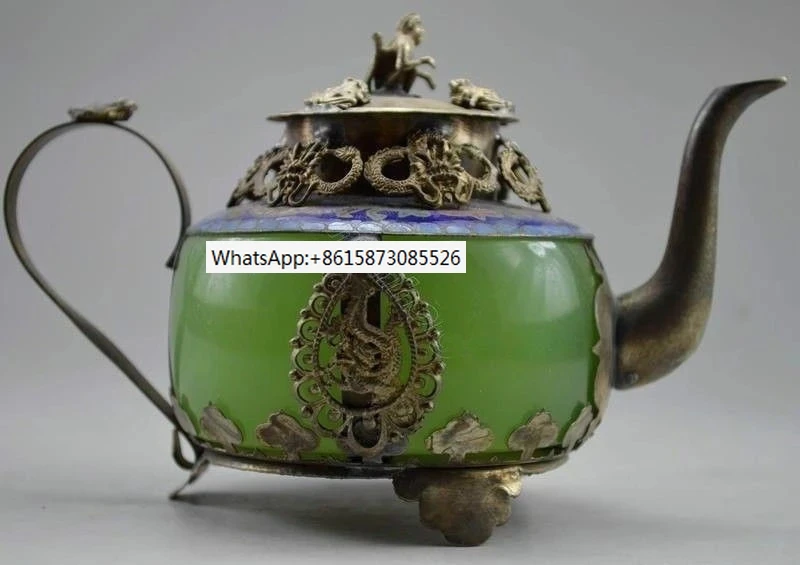 

Collectible Old Handwork Green Jade & Tibet Silver Dragon Teapot Monkey Lid