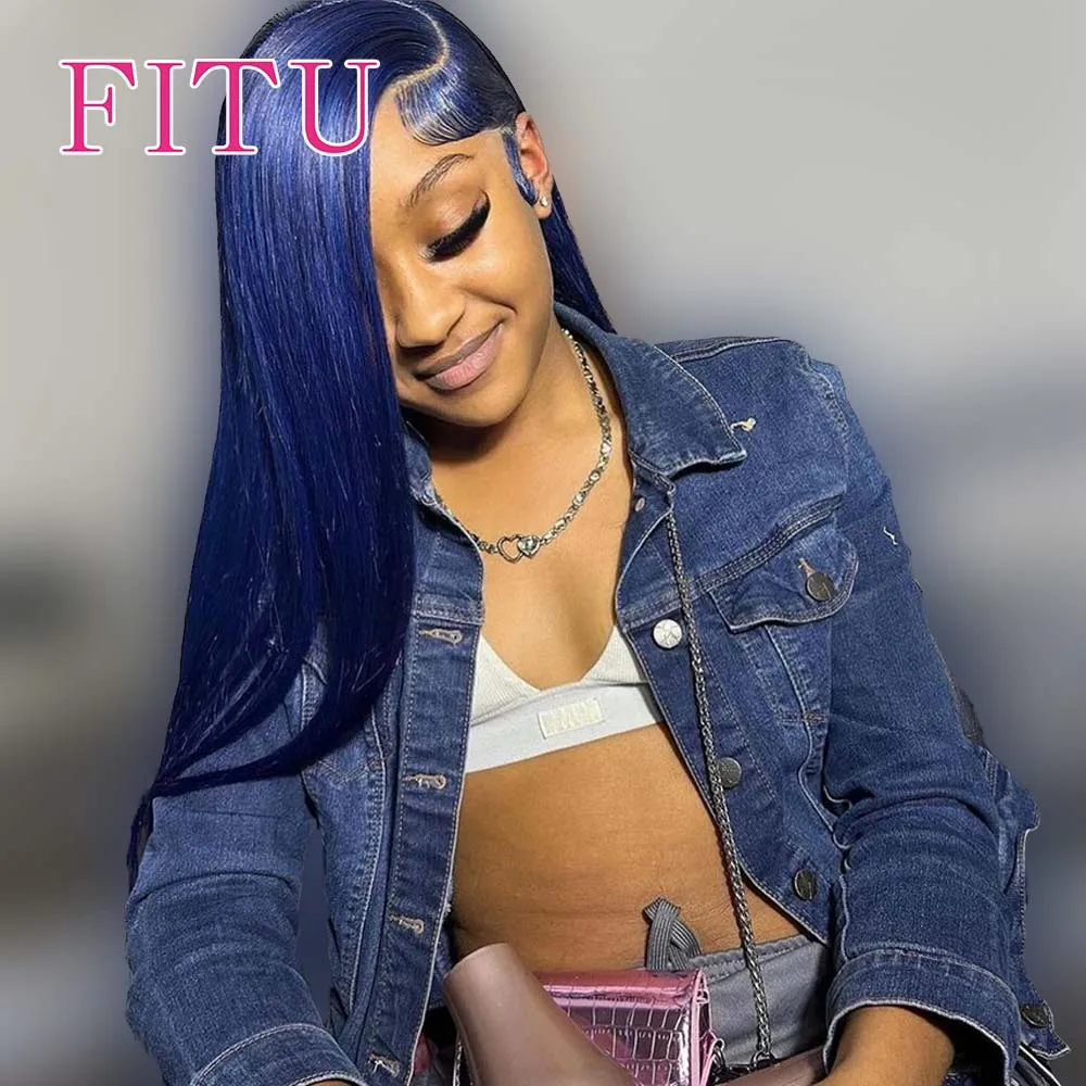 

FITU Blue Transparent 13x6 13x4 Lace Frontal Human Hair Wig 613 Colored Plucked With Baby Hair 5x5 Lace Closure Wig