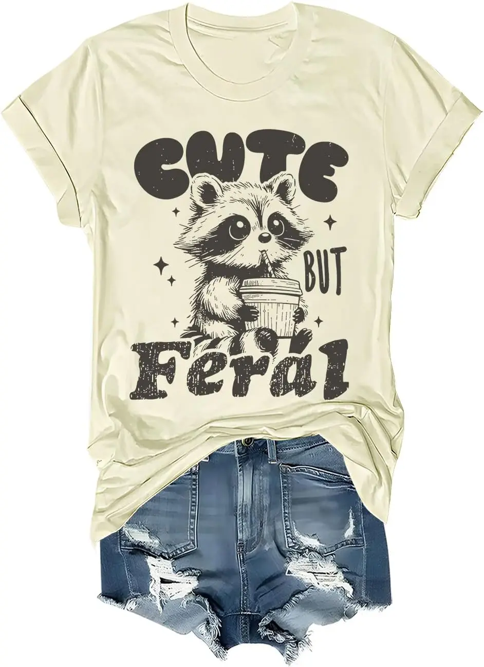 Cute But Feral Shirt Cute Pink Racoon Graphic Tees Funny Animal Lovers Feral Shirt Unisex