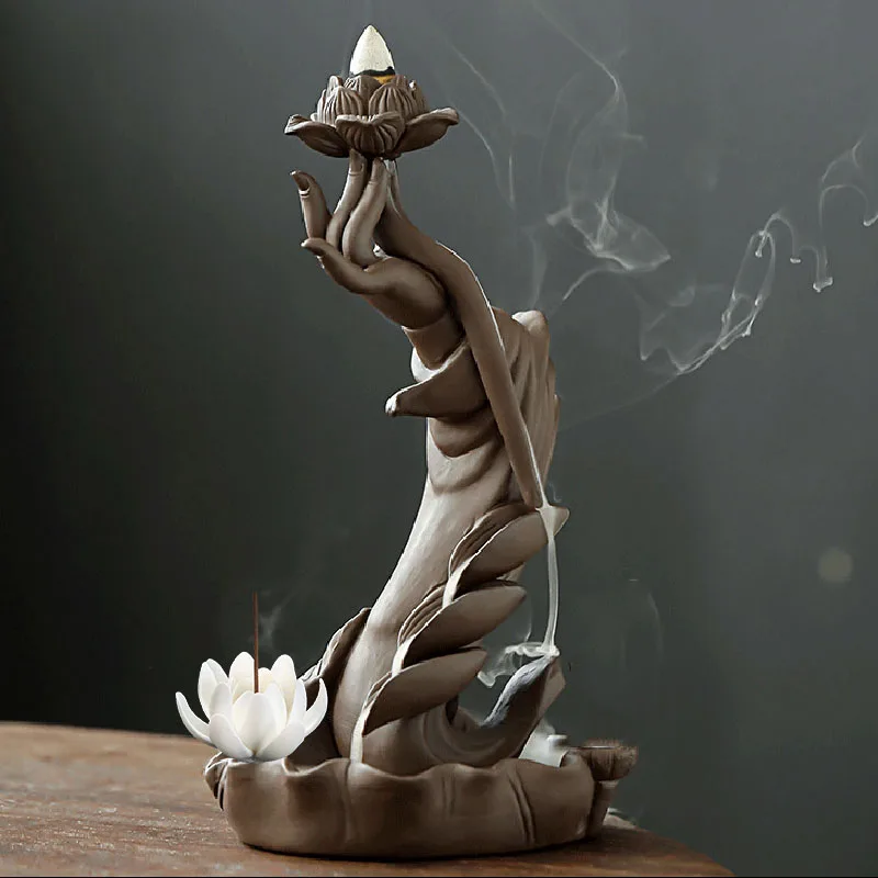Large Buddha Hand Lotus Backflow Incense Burner, Home Decoration LED Light Circle Pink Lotus White Flower Backflow Incense Seat