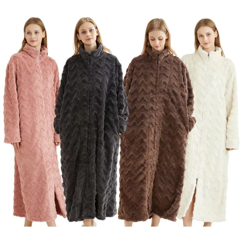 Winter New Long Nightdress High Neck Zipper Nightgown Thicken Coral Fleece Bathrobe Yukata Gown Female Robe Negligee Home Dress