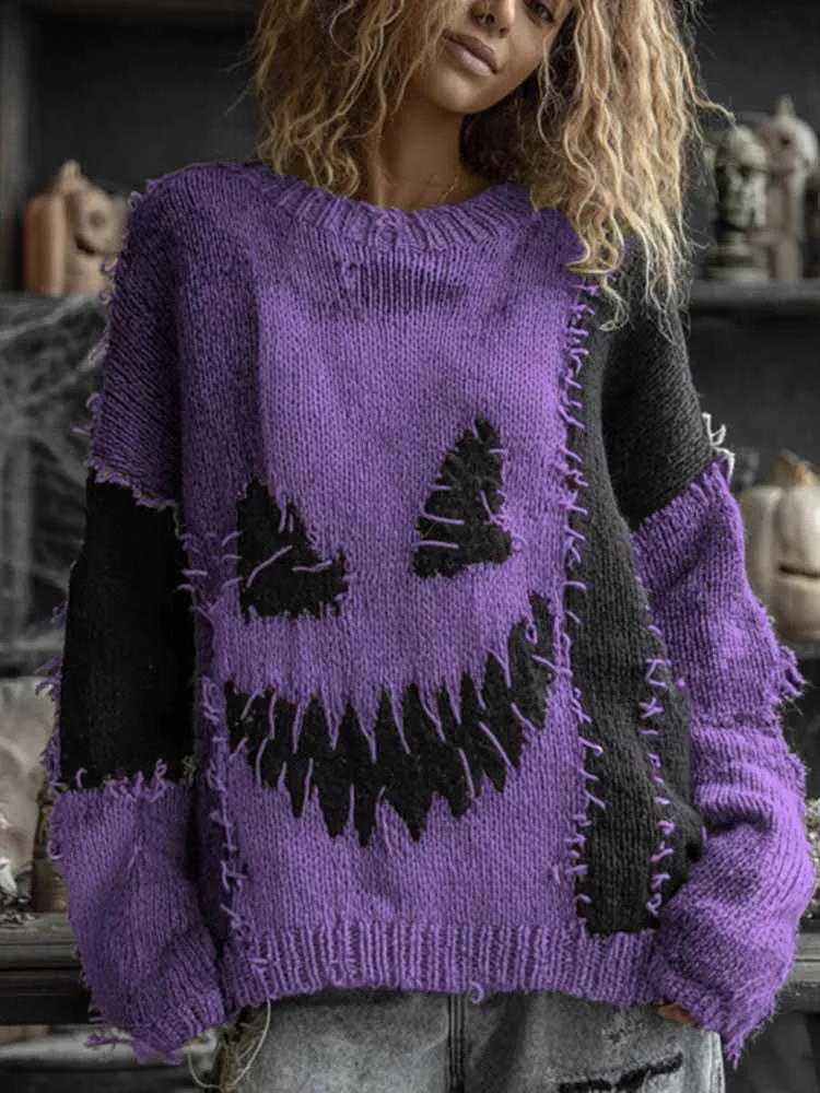 

Halloween Sweater Women Spooky Witch Face&Pumpkin Pattern Printed Casual Round Neck Loose Knitwear Halloween Party Warm Jumpers