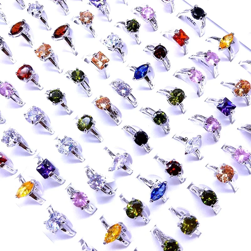 Wholesale Fashion Rings For Women Colorful Zircon Stone Silver Plated Jewelry Party Gift Wedding Accessories Mix Ring Vintage