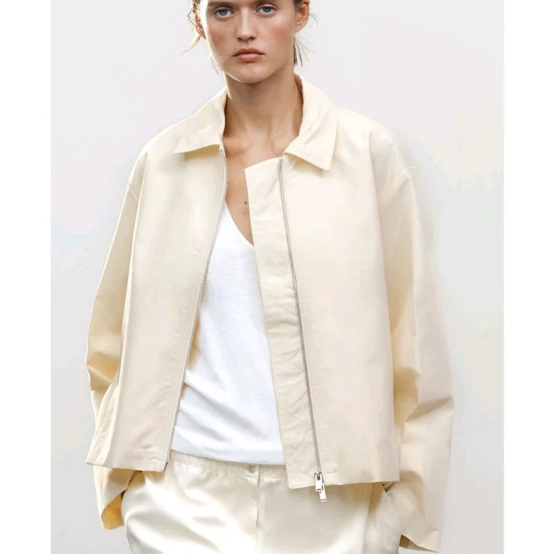 

Fall New Women's Long Sve Metal Zipper Pilot Jaet Coat Stand Collar Versatile Outerwear Polyester Fiber Ladies Faion