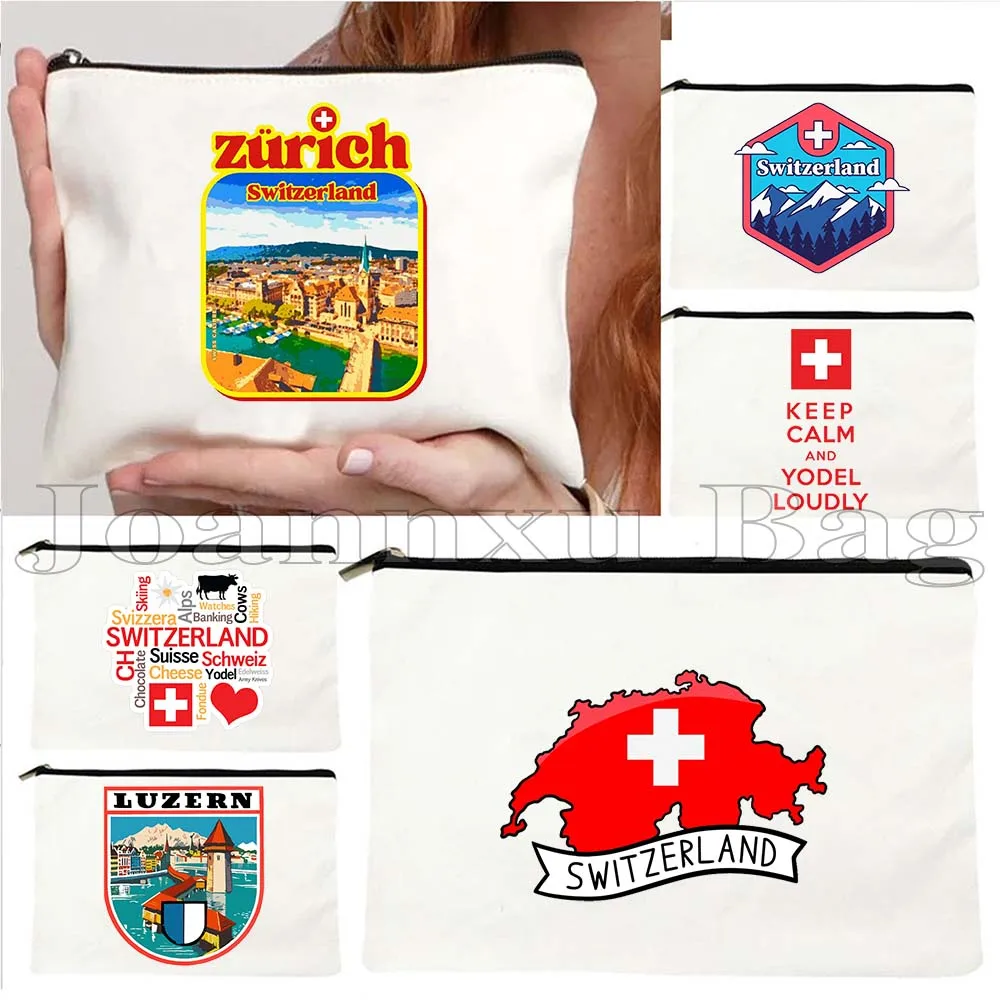 Swiss Switzerland Flag Map Souvenir Travel Gifts Bern Geneva Interlaken Lucerne Canvas Cosmetic Makeup Toilet Bag Case Pouch