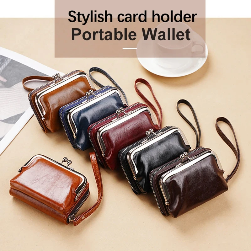 New Women\'s Wallet Wrist Strap Short Retro Style Coin Change Storage Bag Girls Portable Mini Card Holders Zipper Money Clip