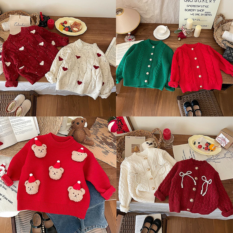

Осенне-зимний модный рождественский теплый трикотаж, милый свитер с круглым вырезом для девочек, детский рождественский красный, зеленый пуловер, кардиган, костюмы