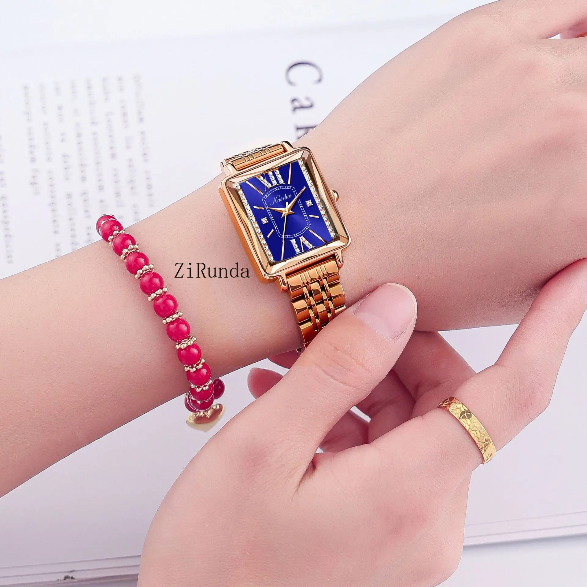 ساعة نسائية مربعة صغيرة، ساعة كوارتز عصرية مقاومة للماء مربعة فاخرة وخفيفة الوزن مرصعة بالألماس #5