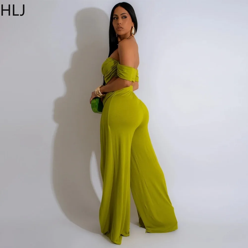 HLJ Fashion Slit Loose Wide Leg Pants 2-piece Sets Outfit Women Off Shoulder Short Sleeve Crop Top And Pants Party Clubwear Suit