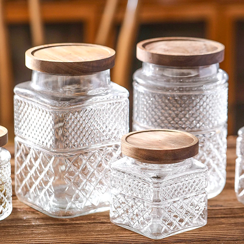 Kitchen Food Grade Sealed Glass Jar, Coffee Powder Seasoning Storage Jar, Acacia Wood Glass Bottle