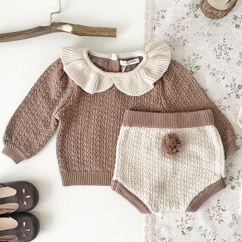 Autumn Spring Korean Style Newborn Baby Girls Clothing Set Long Sleeved Sweater+PP Shorts Toddler Baby Girl Clothes Suit