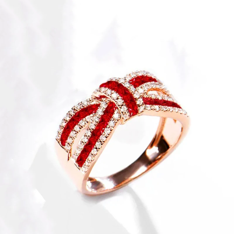 

585 purple gold 14K rose gold inlaid red crystal bow rings for women opening classic literary romantic engagement jewelry gift