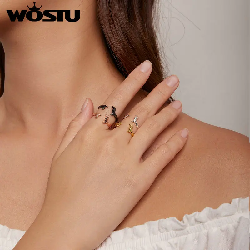 WOSTU 925 Sterling Silver Dachshund Dog Rings Adjustable Cut Animal Open Ring for Women Original Fine Jewelry Christmas Gift