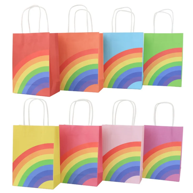 8/16pcs Kraft Paper Gift Bags Rainbow Wedding Favor Candy Box Cookie Packaging Handbag Christmas Birthday Wedding Party Supplies