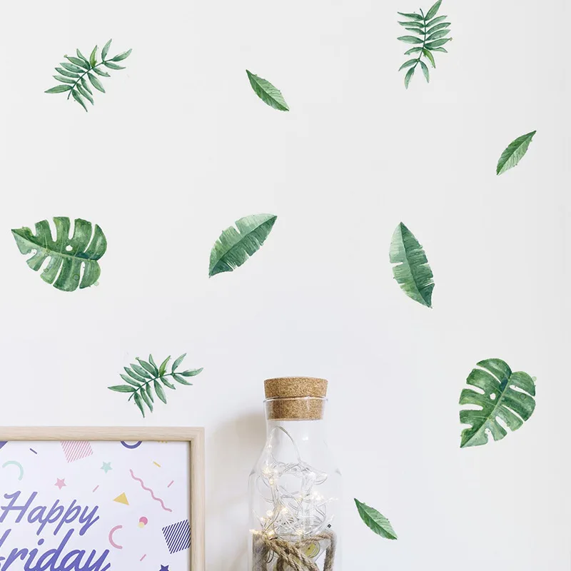 `Watercolor Scattered Tropical Green Leaves Wall Sticker Monstera Palm Leaf Vinyl Decal Boho Foliage For Living Room Bedroom Hom