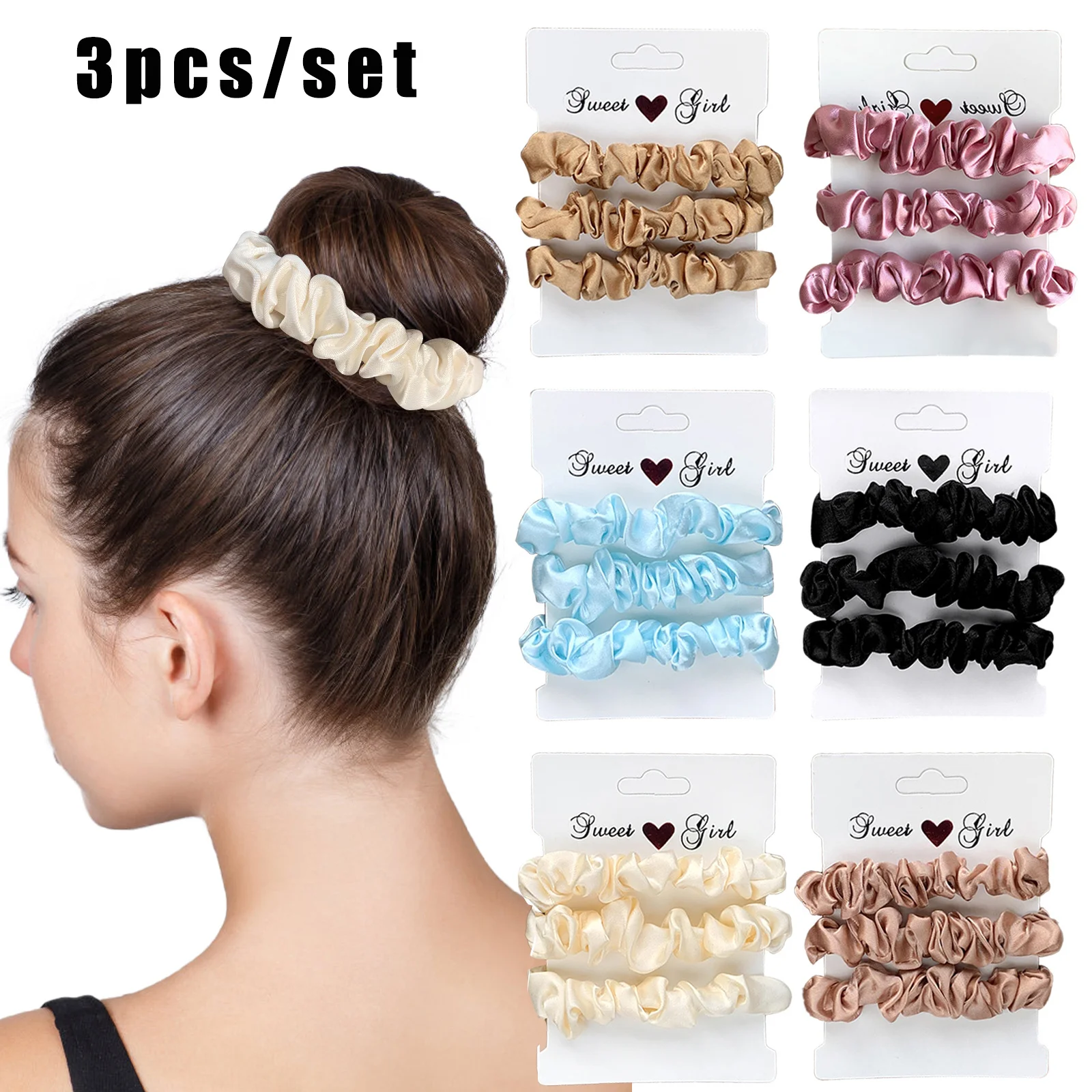 3Pcs/set Silk Satin Scrunchies Solid Color Elegant Hair Rope Women INS Fahison Ponytail Holder Elastic Rubber Hair Accessories