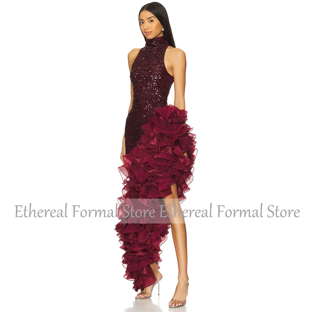 Burgunderrotes glitzerndes Pailletten-Meerjungfrau-Damen-Abendkleid, einschultriges Ballkleid, ärmellos, formelles Partykleid, Rüschen, bodenlang