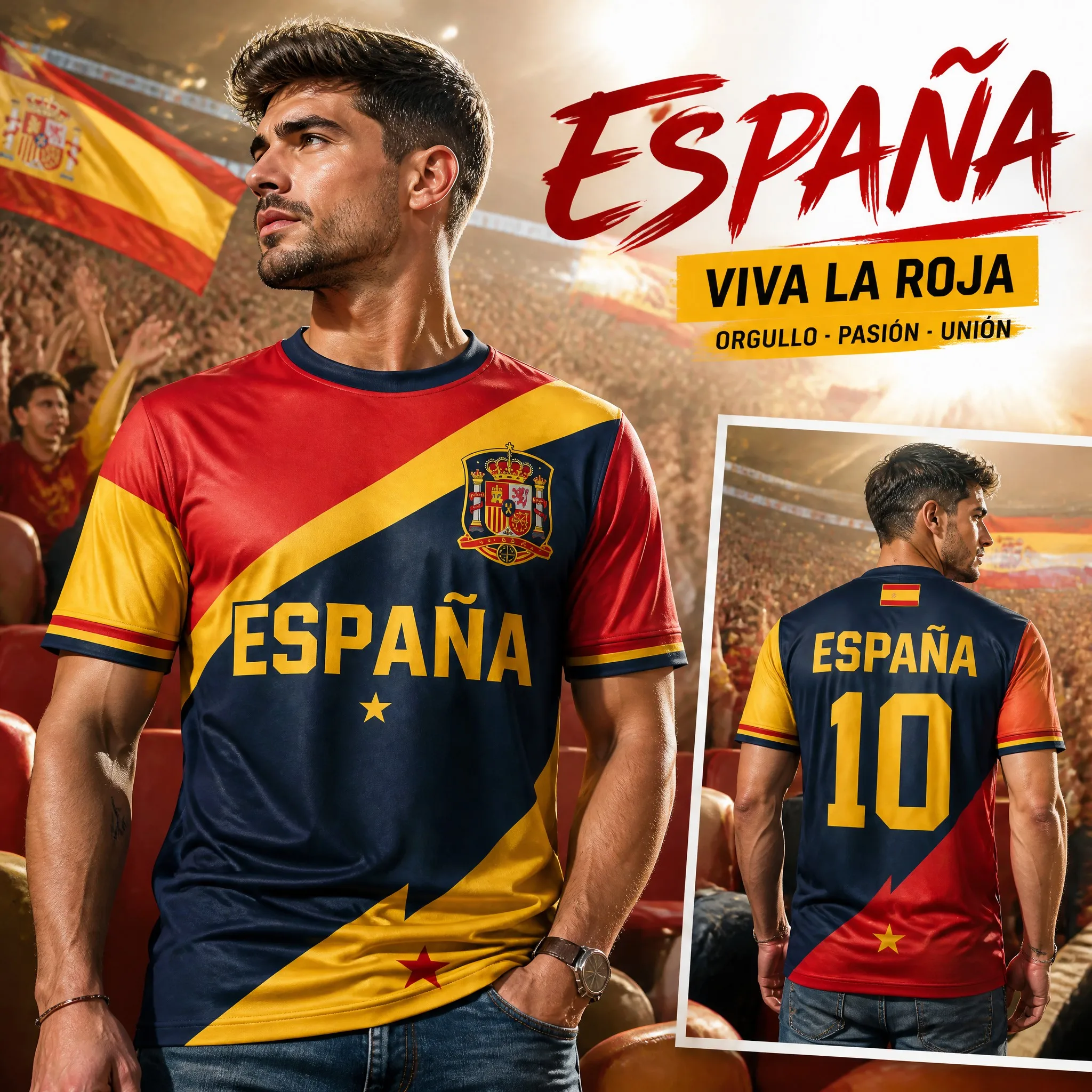 Mens Crew Neck Short Sleeve Espana Color Block Graphic T Shirt Red Navy Yellow Fan Style Print Casual Summer Top Lightweight Top