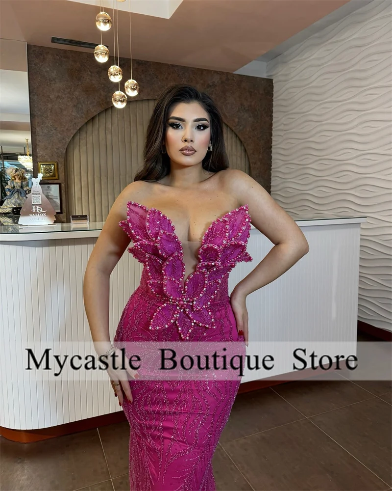 فساتين سهرة حورية البحر مطرزة بالدانتيل الوردي الساخن للنساء 2025 أنيقة مزينة على شكل قلب فستان حفلة عيد ميلاد مخصص