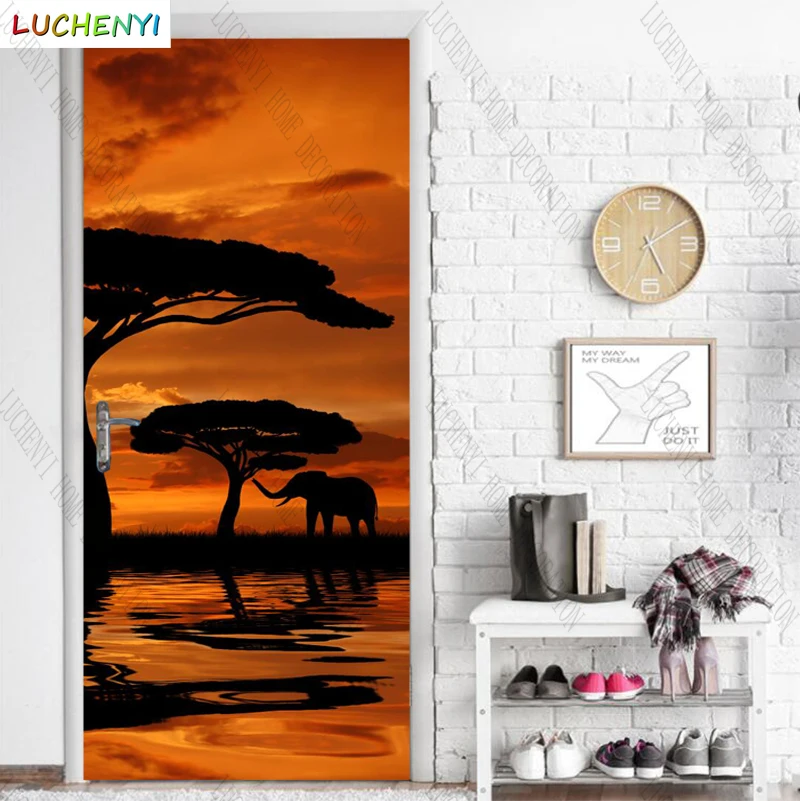 Papel de parede baby elephant under the tree water pattern landscape door sticker bedroom door wallpaper mural , home decoration