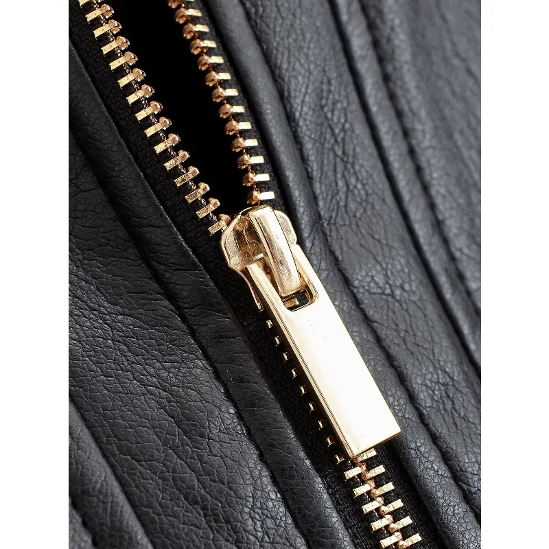 Guobioziy New Women's Classic Commuter Style Versatile High End Two Tone PU Leather Short Jacket Zipper Closure Polyester Fiber