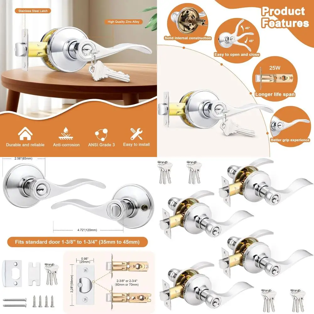 

Хромированные дверные ручки с замком и ключами, с одинаковым ключом, волнообразный дизайн, двусторонние, комплект из 4 штук