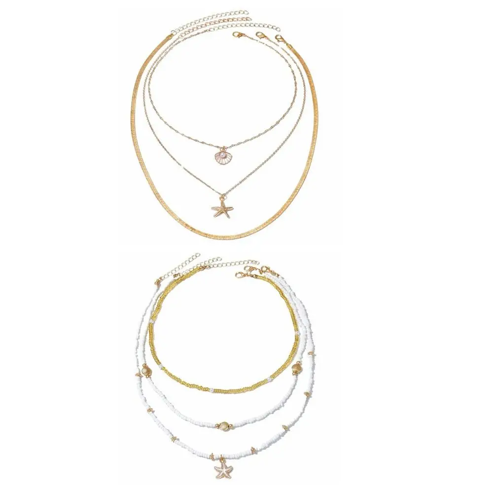 3 قطعة حبة شل متعدد الطبقات قلادة مكدسة البوهيمي نمط سلسلة الترقوة النساء Y2K الرقبة مجوهرات قذيفة الترقوة قلادة السيدات