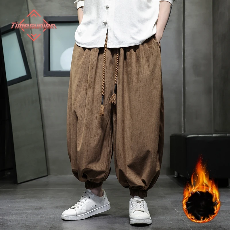 

Зимние бархатные широкие брюки-фонарики Харадзюку для мужчин больших размеров, удобные повседневные брюки-карго с эластичной резинкой на талии