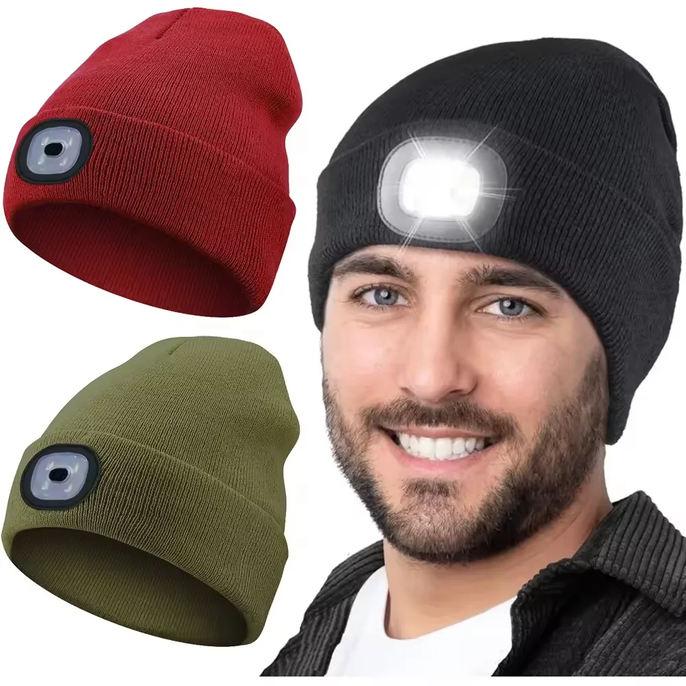 LED Lighted Beanie Hat Unisex Warm Winter Knitted Cap Headlamp Flashlight For Night Running Cycling