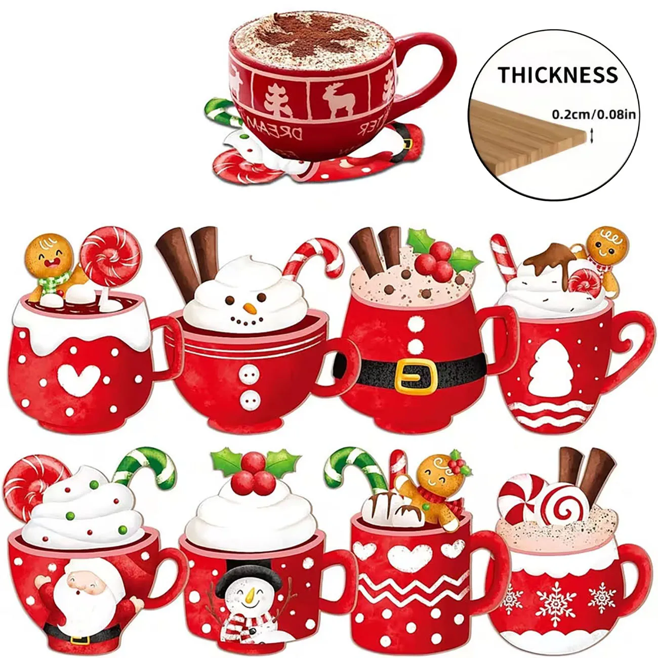 8Pcs Wooden Drink Coasters Christmas Hot Cocoa Cup Gingerbread Man Snowman Round Table Coasters Holiday Home Decor Gift