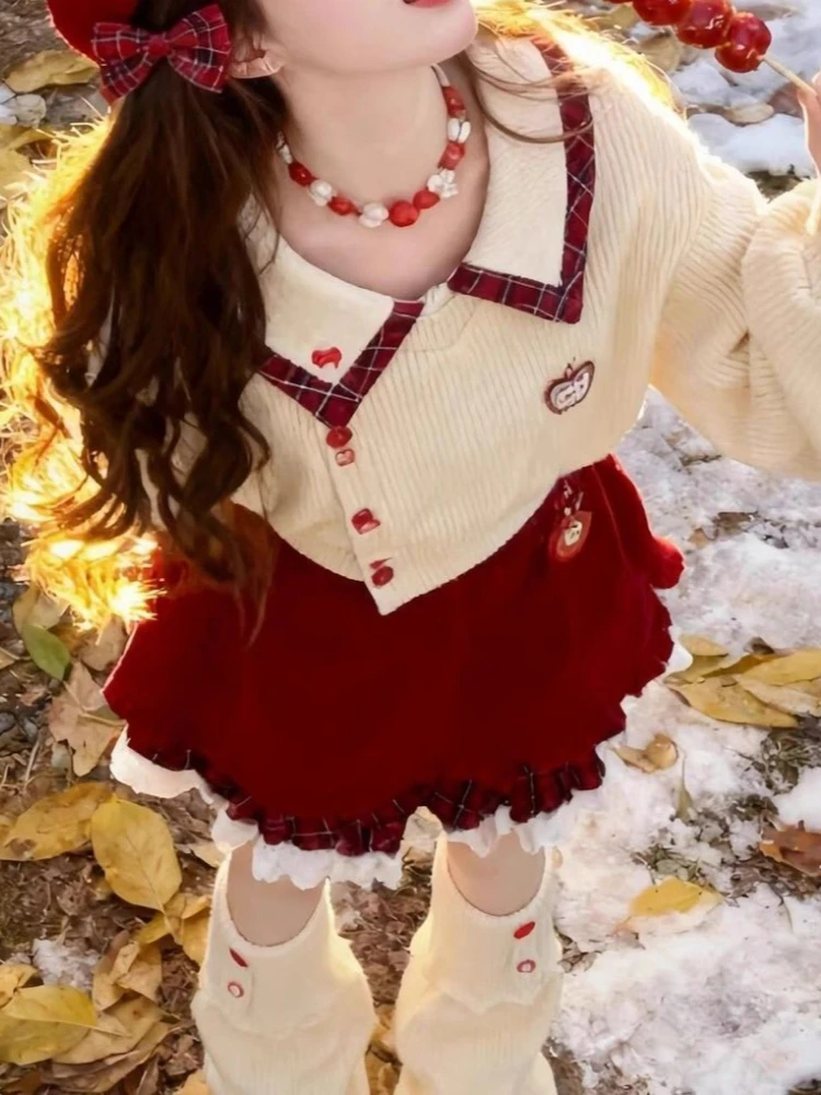 Elegante Mode Süße 2-Teiliges Set Frauen Schlank Stricken Laterne Hülse Kragen Top + Plaid Spitze Mini Rock Weihnachten party Chic Outfit