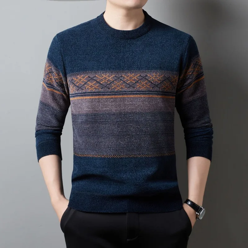 Autumn and Winter Men's Pullover Round Neck Stripe Geometric Contrast Thick Sweater Knitted Underlay Fashion Formal Casual Tops