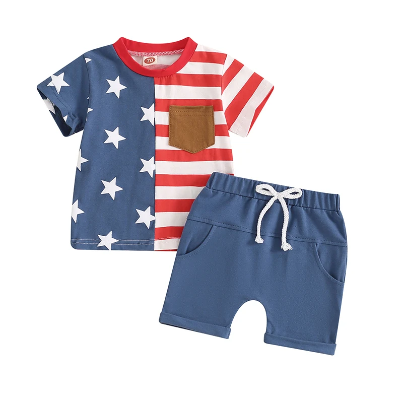 

4th Of July Baby Boys Clothes Short Sleeve Stars Stripes Print T-shirt With Shorts 2pcs Boys Summer Outfit