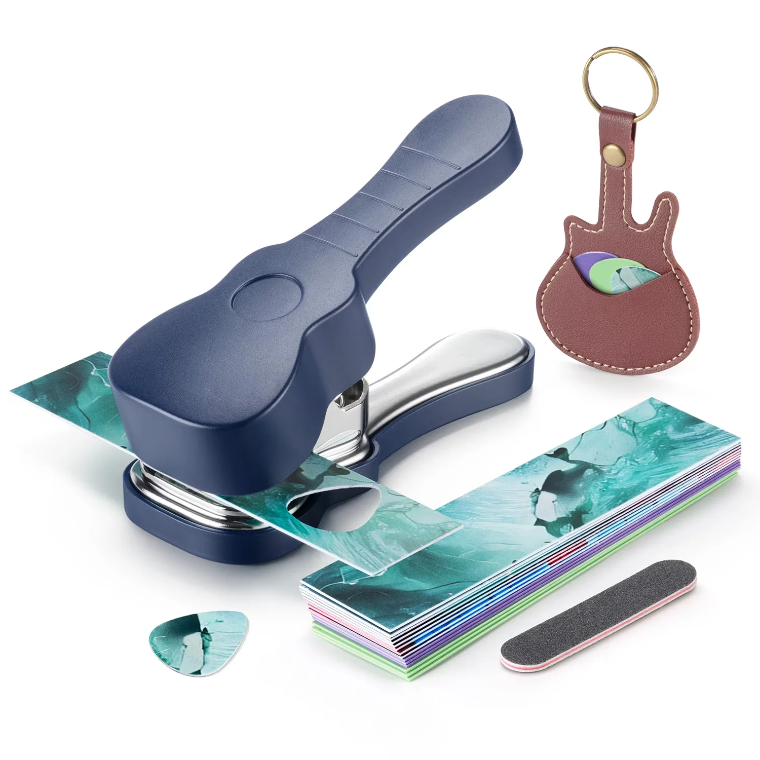 Guitar Pick Punch Kit, Bass Guitar Picks Puncher with 15 Pick Strips, Leather Keychain Pick Holder & File