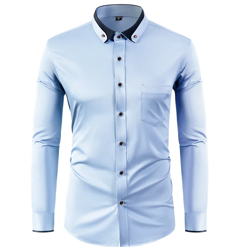 Drill Buckle Shirt Men Long Sleeve Business Formal Social Man Shirt Long Sleeve Solid White Blue Male Shirt for Man Anti-wrinkle