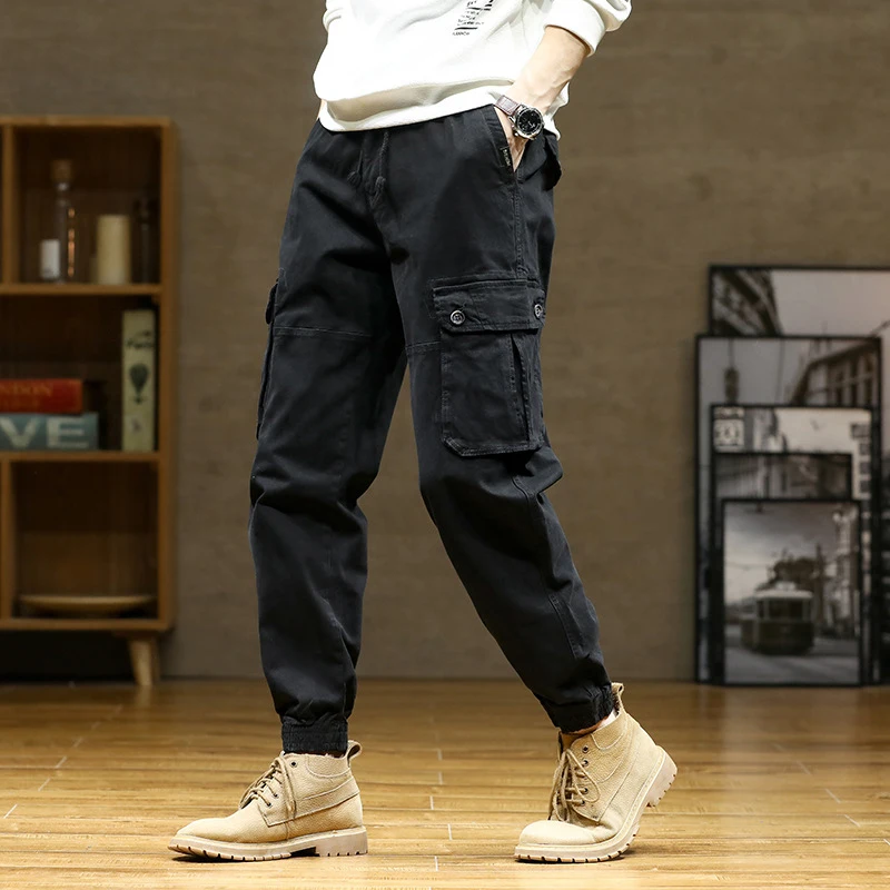 Men's Retro Solid Color Cotton Work Pants for Autumn Winter Durable Casual Trousers with Multiple Pockets