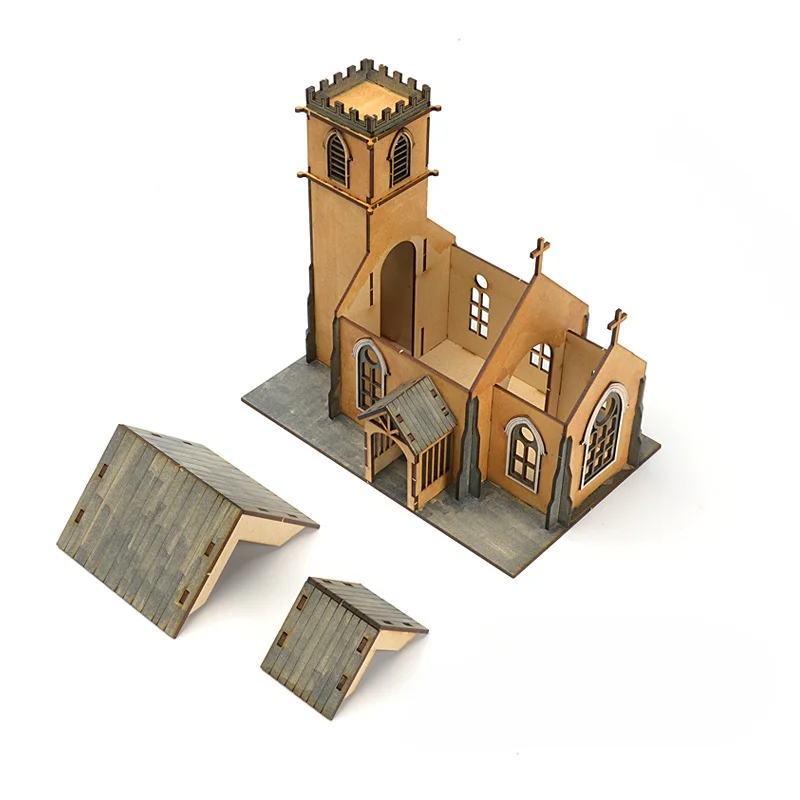 Kit de modelo de madeira da catedral europeia em escala 1/72, montagem DIY para exibição e construção de cenas