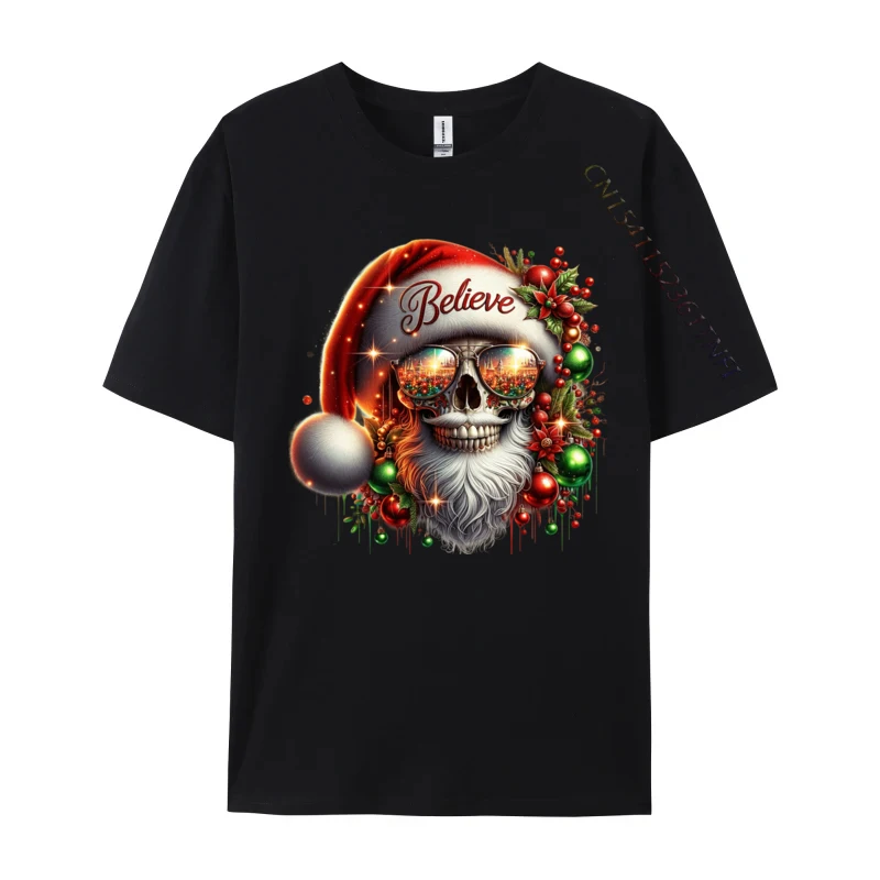 Believe In Santa Claus Skull Face Sunglasses X-Mas Winter  T-Shirt Vintage Men's T-Shirt Tops Graphic Printed Tees Loose Daily