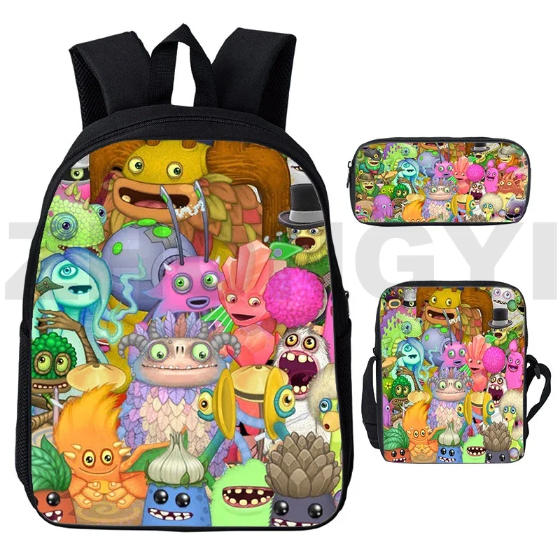 Styl Preppy 3D My Singing Monsters gra plecak 3 sztuk/zestaw Anime Travel Laptop mężczyźni Mochila 12/16 Cal dla dzieci Cartoon School Bags