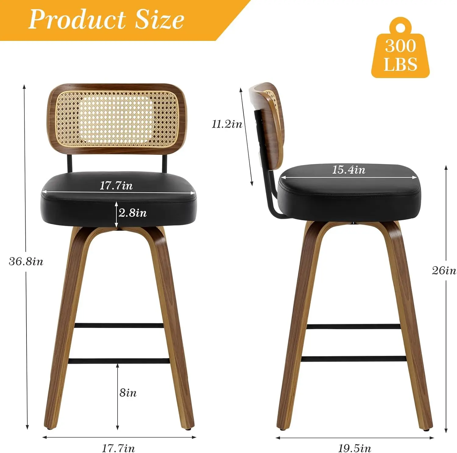 Juego de 3 taburetes de bar giratorios con altura de mostrador, taburetes de bar tapizados de piel sintética con respaldo de ratán, sillas de bar con altura de asiento de 26"