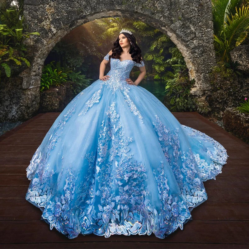 

Sky Blue Quinceanera Dress 2025 Ball Gown Princess Sweet 15 16 Years Appliques Lace Beads Bow Tull Vestidos De 15 Anos