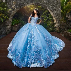 Sky Blue Quinceanera Dress 2024 Ball Gown Princess Sweet 15 16 Years  Appliques Lace Beads Bow Tull Vestidos De 15 Anos