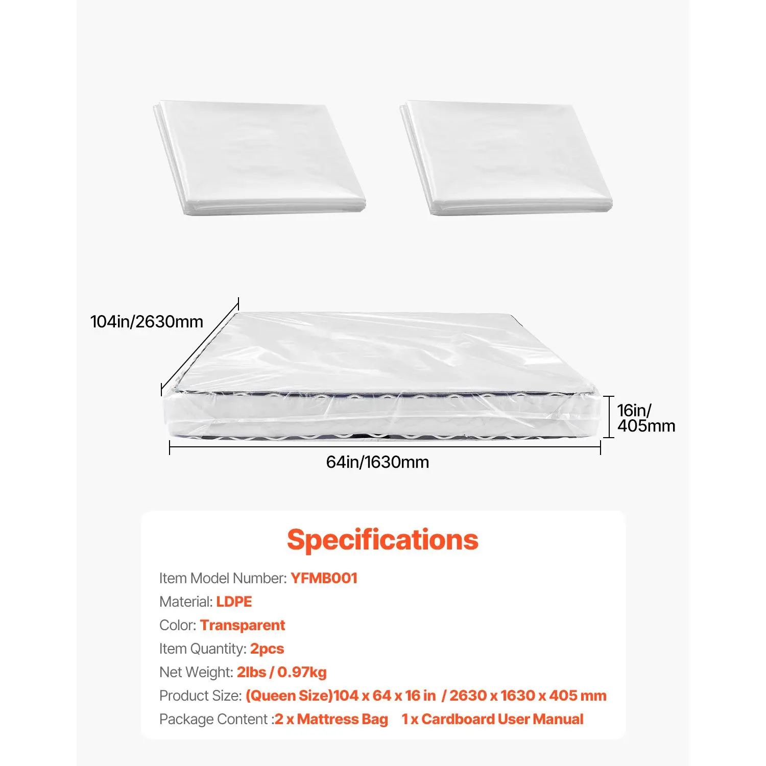 Plastic Mattress Bag, 2 Mil Thick Mattress Storage Bag, Wear-Resistant and Waterproof Plastic Bed Cover with Reinforced Corner Design, Heavy-Duty Mattress Moving Supplies (2 Pack, Queen Size)