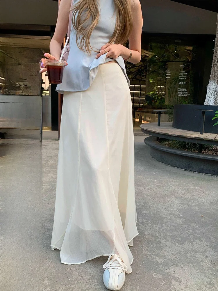 

Юбка миди А-силуэта с высокой талией, дизайн с сетчатыми вставками в стиле Сидней Коуст, летняя женская мода, корейский стиль, полиэстер